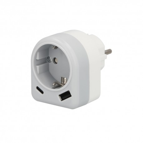 Enchufe / Adaptador Schuko Con 2 Tomas, USB A / C. Potencia Maxima 3680 W. Cargador Moviles, Cargador 2 Tomas, Adaptador Moviles