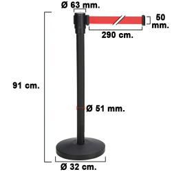 Poste Separador Cinta Extensible 3 Metros. Ø Base 32 cm. Ø Tubo 5,1 cm. Altura 91 cm.