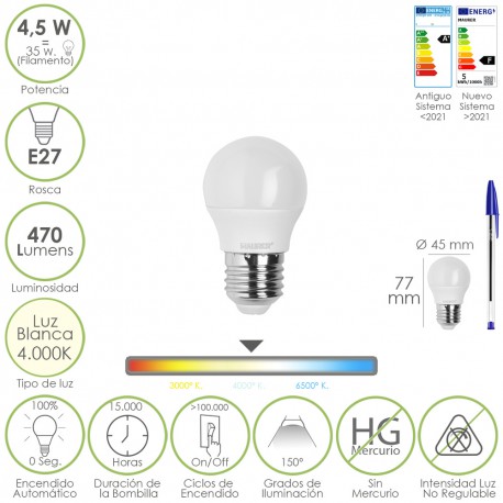 Bombilla Led Esferica Rosca E27 4.5 Watt. Equivale A 55 Watt. 470 Lumenes. Luz Neutra (4000º K)