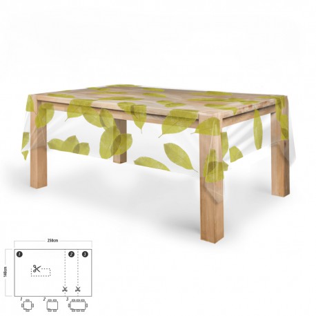 Mantel Hule Rectangular Hojas Transparente Impermeable Antimanchas PVC 140x250 cm. Recortable Uso Interior y Exterior