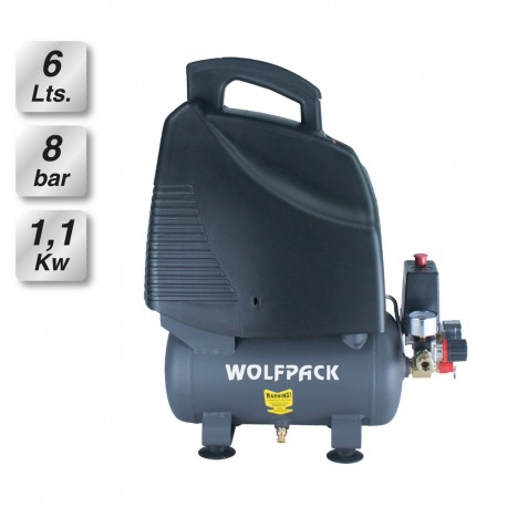 Compresor Aire Wolfpack 6 Litros / 8 Bares / 1,1 Kw - 1,5 HP Sin Aceite