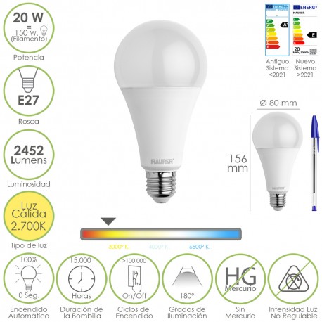 Bombilla Led Estandar Rosca E27. 20 Watt. Equivale A 150 Watt. 2452 Lumenes. Luz Calida (3000º K.)