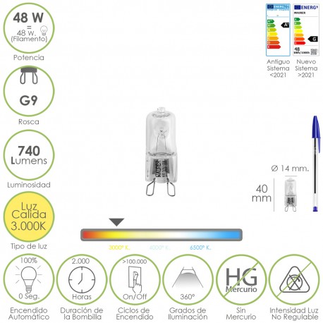 Bombilla Halogena G-9. 33 W. 460 lumenes. Luz cálida (3.000º K)