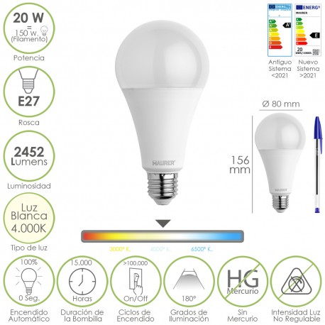 Bombilla Led Estandar Rosca E27. 20 Watt. Equivale A 150 Watt. 2452 Lumenes. Luz Neutra (4000º K.)