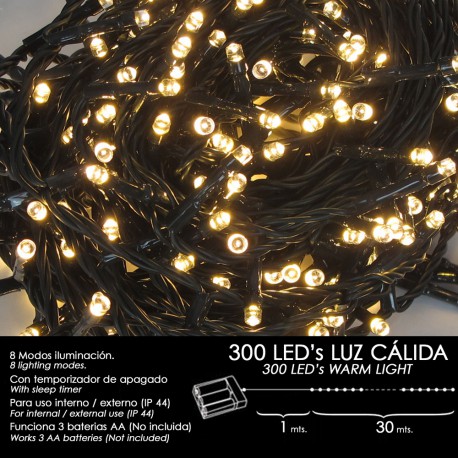 Luces Navidad A Pilas 300 Leds Luz Calida Interior / Exterior (IP44)