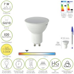Bombilla Led Dicroica Rosca GU10. 7 Watt. Equivale A 55 Watt. 520 Lumenes. Regulable Luz Cálida (3000º K.)